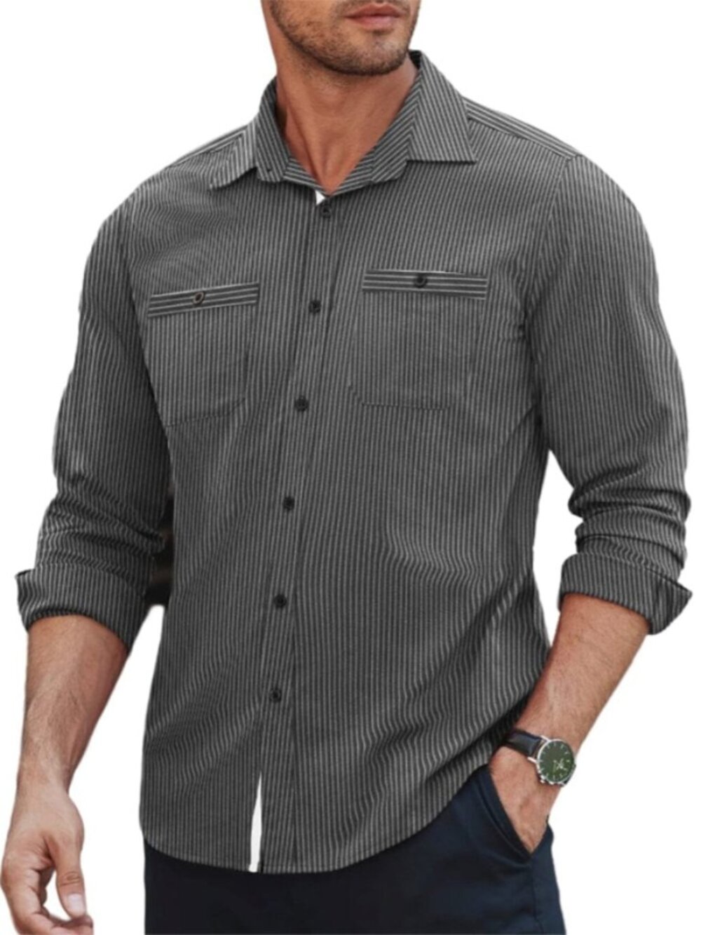 Mens Gray Stripe Button Down Shirt Long Sleeve Office Travel Coofandy Size XL